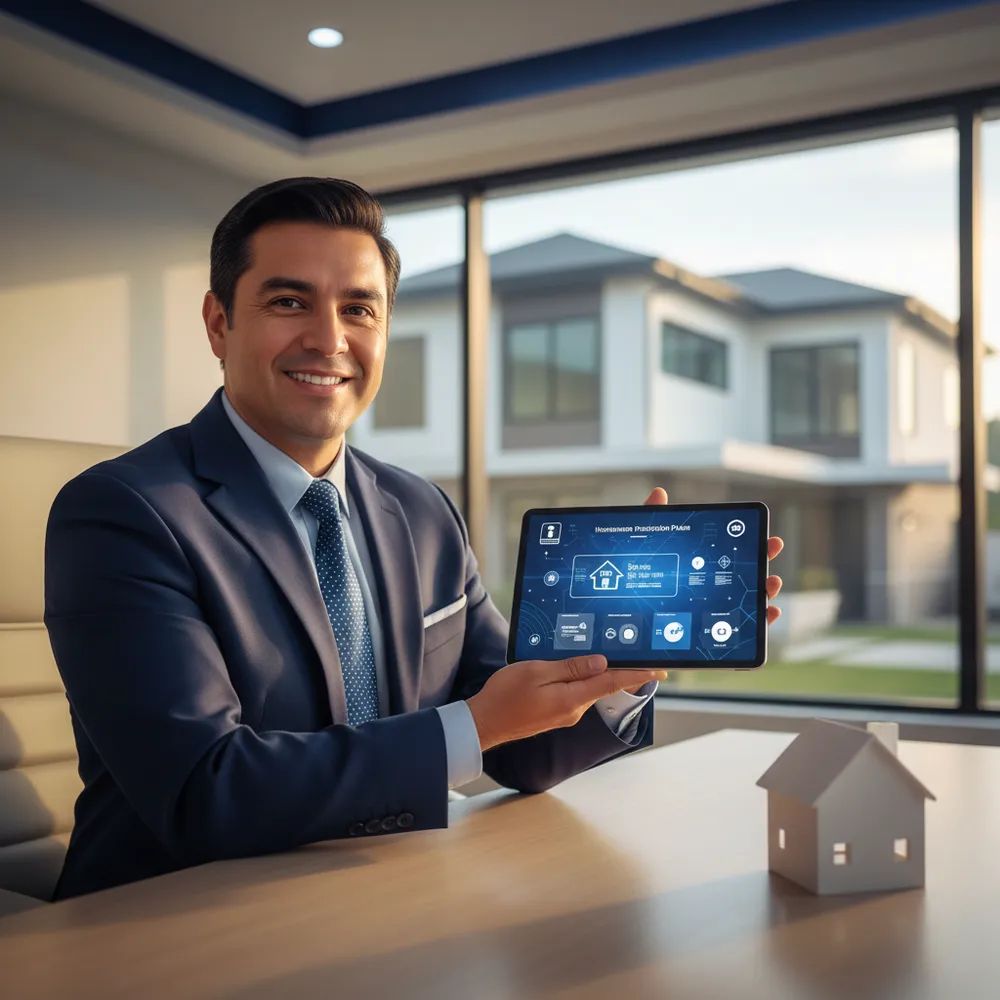 Agente de seguros presentando opciones de Casa Habitación en su oficina